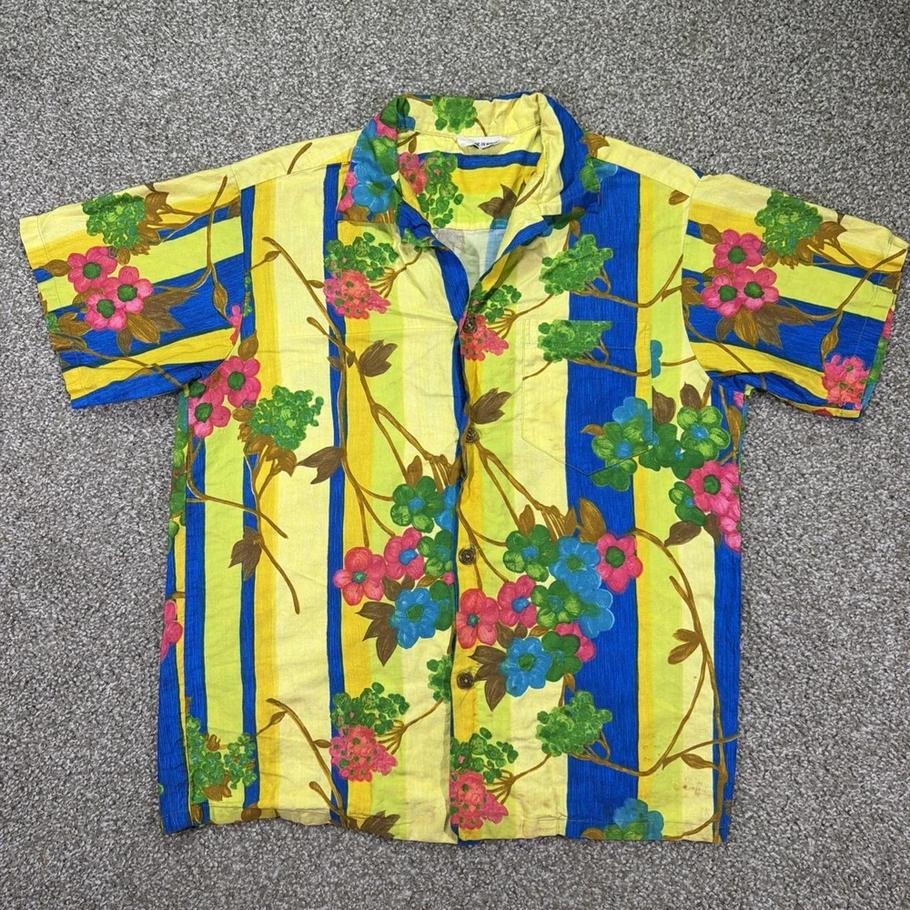 60s Hawaiian Made Button Up Shirt Size Large Classic Watercolor All Over Print M
